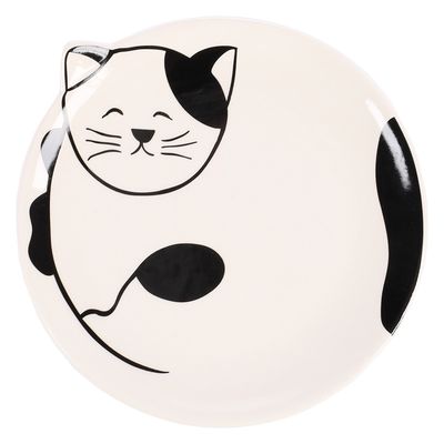 Runder Keramikteller mit schwarz-weissem Katzenmotiv, lächelnde Katze mit Schwanz und Ohr in Schwarz auf weissem Hintergrund.