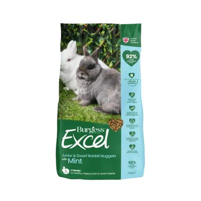 Burgess Excel Junior & Dwarf Rabbit Nuggets with Mint, 92% of vets recommend, added mint, extra protein, antioxidants, prebiotics, supports skin and coat health, 10kg bag.