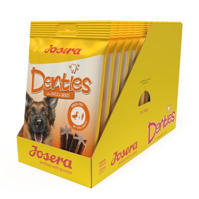 Josera Denties kacsával és répával, gabonamentes. A csomagoláson kutya és csillag alakú snackek láthatók. Kiszerelés: 13 x 180g.