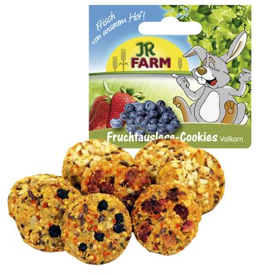 JR Farm Fruchtauslese-Cookies Vollkorn, opakowanie z widocznymi ciastkami oraz ilustracją truskawek, borówek i królika. Tekst na opakowaniu w języku niemieckim.