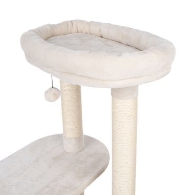 Cat tree with beige plush cover, two sisal posts and padded lying surface. Includes hanging play ball.