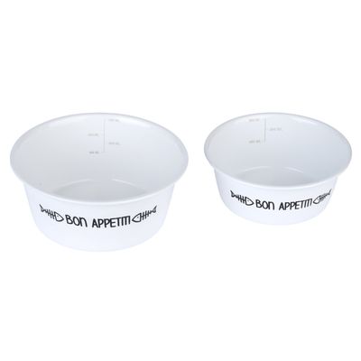 Dva bijela zdjelice za hranu s natpisom 'Bon Appetit' i dizajnom riblje kosti, jedna s mjernom skalom do 300 ml.