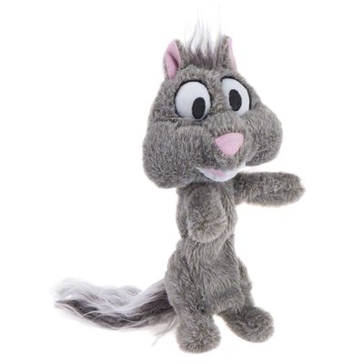 Juguete de peluche con forma de ardilla gris, detalles en rosa y blanco, ojos grandes y cola esponjosa. Material textil visible.