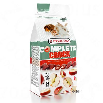 Versele-Laga Complete Crock alma ízesítésű rágcsáló snack csomagolás, Vitamin C Plus és Omega 3 ikonokkal, almával, nyúl, tengerimalac és hörcsög képeivel.
