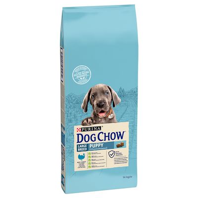 Purina Dog Chow Large Breed Puppy kutyatáp, 14 kg-os csomagolás, látható márkanév és terméknév a zacskón.