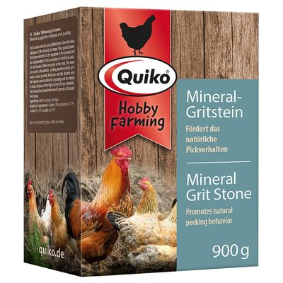 Quiko Hobby Farming piedra mineral con arena, fomenta el picoteo natural, 900 g. Envase con imagen de gallina.