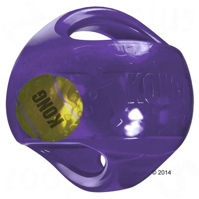 Pelota de juguete KONG lila con pelota de tenis amarilla integrada, apta para juego interactivo. Marca visible 'KONG' en la superficie.