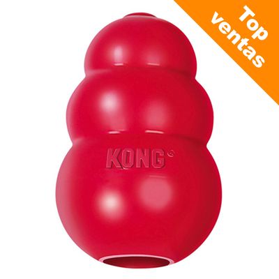 Juguete de goma roja KONG con inscripción 'KONG' visible. Esquina superior derecha con texto: Top ventas.