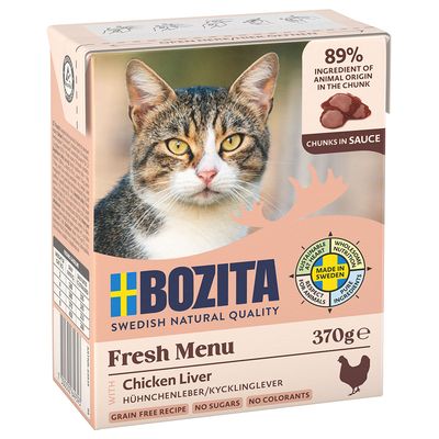 Bozita Fresh Menu nyúl szószban, 370g. 89% állati összetevő darabokban. Gabonamentes, cukormentes, színezék nélkül. Svédországban készült tiszta összetevőkből.