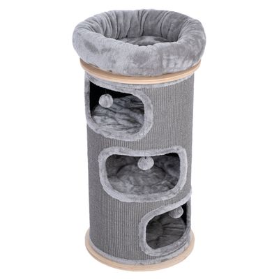 Grey cylindrical scratching post with three caves, plush padding, play balls and a padded top lying surface.