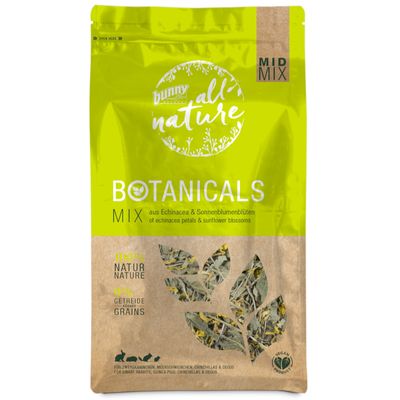 bunny all nature BOTANICALS MIX aus Echinacea & Sonnenblumenblüten, 100% NATUR NATURE, 0% GETREIDE GRAINS, MID MIX, átlátszó ablakban szárított növények láthatók