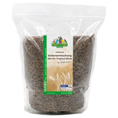 Hugro Bird Care Premium volierakeverék trópusi madaraknak, nettó tömeg 1 300 g, Németországban készült, Günter Langer, 50 éve madáreleség-szakértő fejlesztése.
