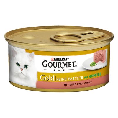 Purina Gourmet Gold paté fino con pollo, lata. Imagen muestra el producto e indica tamaño del paquete: 12 latas.