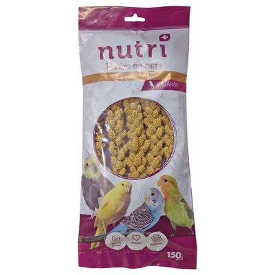 Nutri+ Panizo en rama, 150g. Madáreleség szívszimbólummal az egészségért, hasznosságért és emésztésért. A csomagoláson sárga köles és madarak láthatók.