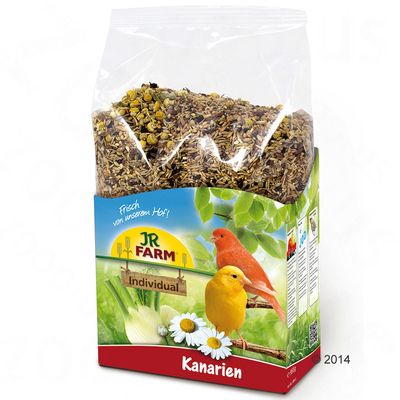JR Farm Individual Kanarien magkeverék átlátszó zacskóban, elől két kanári madár képe és felirat: Kanarien. Csomagolás oldalán etetési útmutató látható.