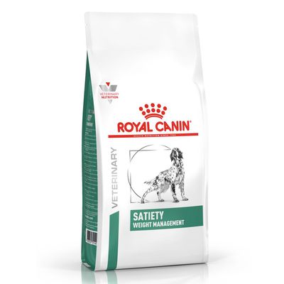 Royal Canin Veterinary Satiety Weight Management. Csomagolás kutyaképpel és zöld címkével.