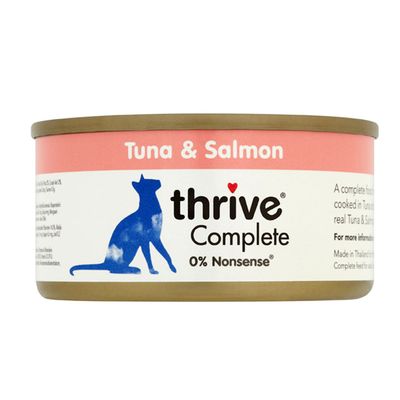 thrive Complete Chicken Breast 24 x 75g tins, yellow and white packaging with blue cat silhouette, visible text: 0% Nonsense