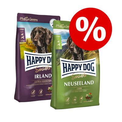 Dva pakiranja Happy Dog Sensible hrane za pse, Irland i Neuseeland, 11 kg. Crveni simbol postotka označava posebnu ponudu ili popust.
