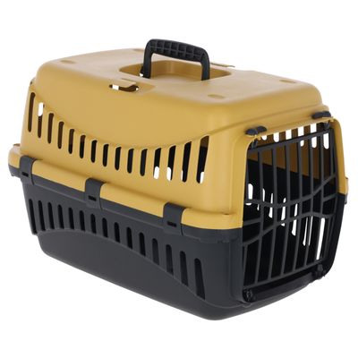 Caja de transporte de plástico con ranuras de ventilación, rejilla metálica negra y asa de transporte. Adecuada para el transporte seguro de mascotas.
