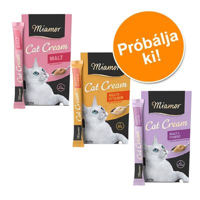 Miamor Cat Cream macska snack, háromféle: Malt, Multi-Vitamin, Malt & Cheese. Mindegyik dobozon 6×15g, narancssárga körben: Próbálja ki!