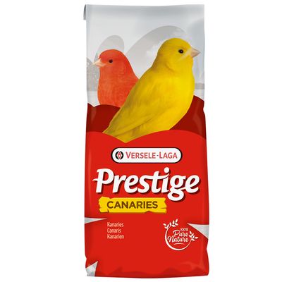 Versele-Laga Prestige Canaries, kanári eleség 100% Pure Nature, piros és sárga kanárik piros csomagoláson.