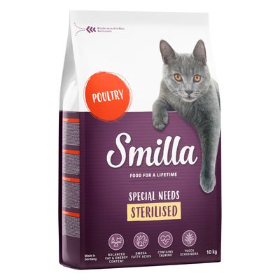 Smilla suha hrana za sterilizirane mačke, okus perad, 10 kg. S omega masnim kiselinama, taurinom i Yucca Schidigera. Pakiranje koje se može ponovno zatvoriti. Proizvedeno u Njemačkoj.