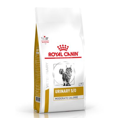 Royal Canin Veterinary Urinary S/O Moderate Calorie macskaeledel, csomagolás macska képével.