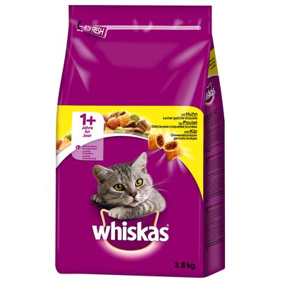 Whiskas Trockenfutter für Katzen ab 1 Jahr, mit Huhn, gefüllte Knackis, 3.8 kg Packung, 100% komplett und ausgewogen.