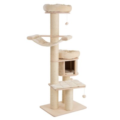 Cat tree with multiple levels, hammock and cave made of light wood and beige fabric. Bengal cat sitting on a padded platform. Living room furniture in the background.