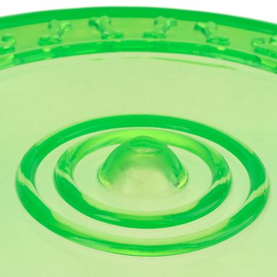Juguete de plástico verde con relieves circulares y patrones de huesos en el borde, apto para juego interactivo.