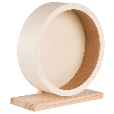 Rueda de ejercicio de madera clara con superficie interior de corcho y base estable, adecuada para pequeños animales.