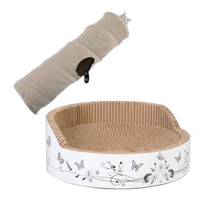 Runde Kratzmatte aus Wellpappe mit weissem Rand, dekoriert mit Schmetterlings- und Blumenmotiven.