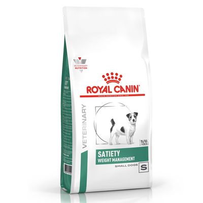 Royal Canin Veterinary Satiety Weight Management kis testű kutyáknak, zöld-fehér csomagolás, látható egy kis kutya képe.