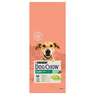 Purina Dog Chow Light Adult kutyatáp csomagolás, pulykával, Naturium formula, 14 kg. Látható: kutya arcképe, főbb összetevők és információk angol nyelven.