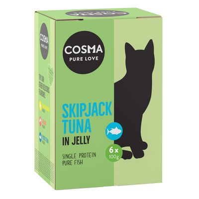 COSMA PURE LOVE Skipjack Tuna in Jelly, 6 x 100 g, single protein, pure fish feliratú zöld doboz fekete macska sziluettel
