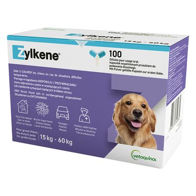 Zylkene, 100 cápsulas orales. Ayuda a perros de 15-60 kg a relajarse ante ruidos fuertes, viajes o visitas al veterinario.