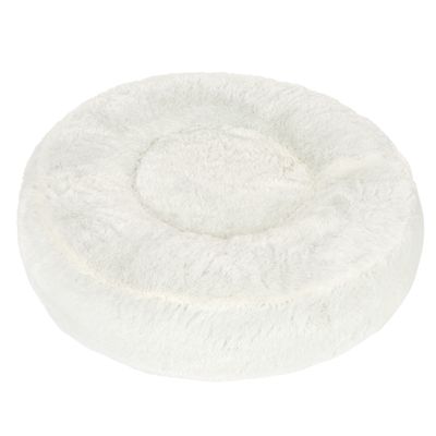 Rundes, weisses Plüsch-Haustierbett mit Farboptionen in Grün, Beige, Grau und Braun.