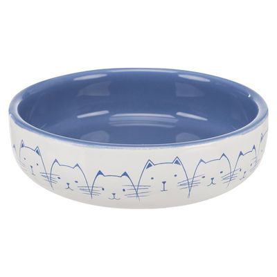 Keramiknapf mit blauem Innenraum und Katzenmotiven auf weisser Aussenseite.
