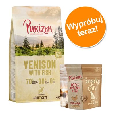 Purizon Venison with Fish dla kotów dorosłych, 400 g; Purizon Snacks for Cats Chicken & Fish, 40 g; napis na pomarańczowym kole: Wypróbuj teraz!