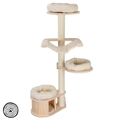 Cat tree made of wood with three resting platforms, hammock and cave. Padded with beige plush.