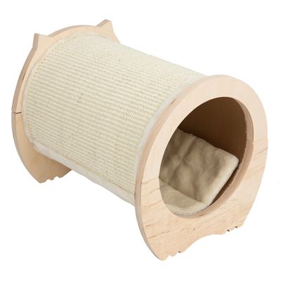 Round scratching roller made of wood with sisal surface and padded lying area inside.