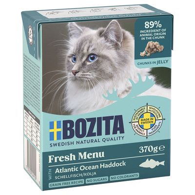 Bozita Fresh Menu atlanti-óceáni tőkehallal, 370g. 89% állati összetevő darabokban, Svédországban készült, gabonamentes, cukor és színezék nélkül.