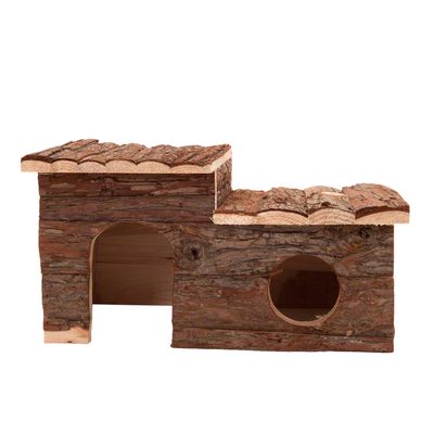 Wooden house with two entrances, rectangular and round opening, roof made of tree bark, suitable as shelter or hiding place for small animals.
