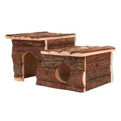 Two wooden houses made of natural wood with bark look, each with one entrance and a round window. Suitable as shelter or hiding place for small animals.