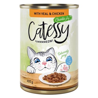 Catessy macskaeledel konzerv, 400 g, kacsával és májjal. Csomag: 24×400g. Feliratok: YUMMMEOW!, Deliciously juicy!, no added sugar.