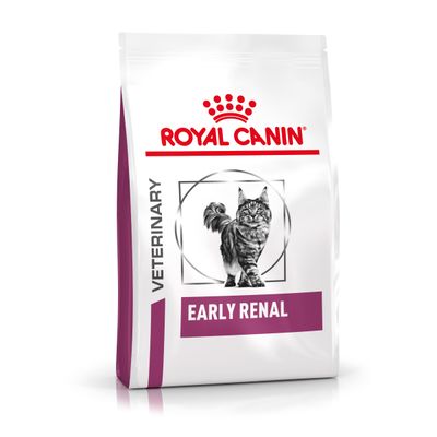 Royal Canin Veterinary Early Renal macskaeledel, csomagolás macska képével és lila díszítéssel.