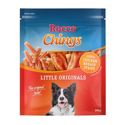 Rocco Chings Originals, 100% csirkemell csíkok, 250g. Csomagolás kutyaképpel és visszazárható kialakítással.
