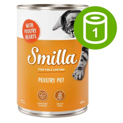 Smilla Poultry Pot, 400 g, z sercami drobiowymi. Zawiera taurynę, bez zbóż. Na etykiecie kot i ikona jednej puszki.