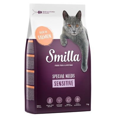 Smilla Special Needs Sensitive hrana za mačke, bogata lososom, bez žitarica, s taurinom, omega masnim kiselinama i Yucca Schidigera. Ponovno zatvorivo pakiranje, proizvedeno u Njemačkoj.