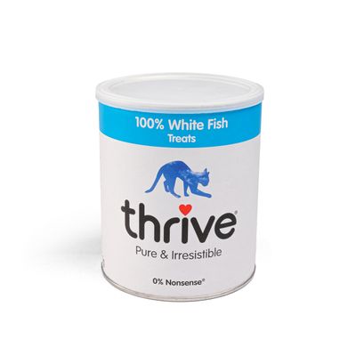 Thrive Pure & Irresistible 100% White Fish Treats, 0% Nonsense, shown on product packaging.